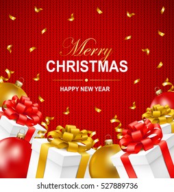 Merry Christmas and Happy New Year greeting illustration with christmas balls, gift boxes and serpentine. Vector illustration.