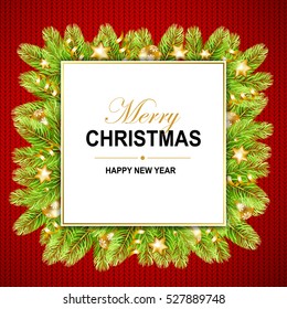 Merry Christmas and Happy New Year frame with gold ribbon, stars, balls and fir-tree on knitted background. Vector illustration.