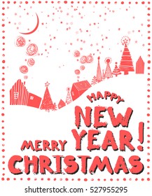 Merry Christmas Happy new year celebration red village houses and forest.