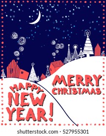 Merry Christmas Happy new year red village houses and forest
