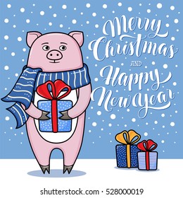 Merry Christmas and Happy New Year greeting card with pig, gifts, snow and lettering, cartoon vector illustration. Christmas and New Year card, invitation, poster, banner design with a pig