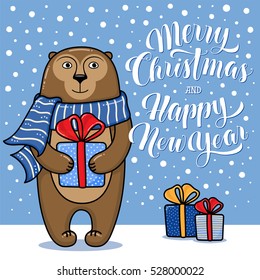 Merry Christmas and Happy New Year greeting card with monkey, gifts, snow and lettering, cartoon vector illustration. Christmas and New Year card, invitation, poster, banner design with a monkey