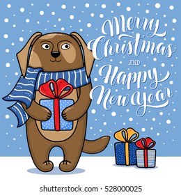Merry Christmas and Happy New Year greeting card with dog, gifts, snow and lettering, cartoon vector illustration. Christmas and New Year card, invitation, poster, banner design with a dog