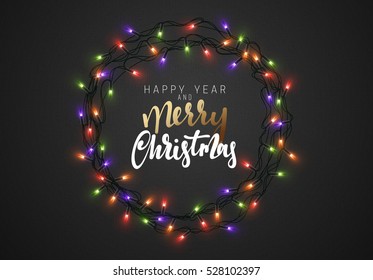 Merry Christmas and Happy New Year. Christmas background black color with realistic garlands. Xmas Holiday. Merry Christmas and Happy New Year. Christmas background black color with realistic garlands. Xmas Holiday.