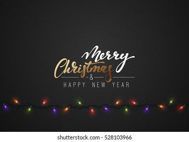 Merry Christmas and Happy New Year. Christmas background black color with realistic garlands. Xmas Holiday.