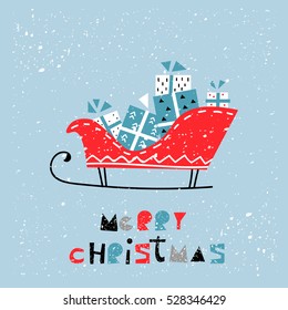 Merry Christmas Happy New Year card. Scandinavian christmas design. Vector illustration. Sleigh, gifts. Original font