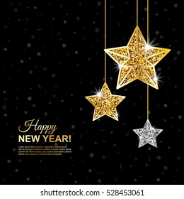 Merry Christmas and Happy New Year Glowing Banner. Glitter Black Background with Hanging Gold and Silver Stars. Vector illustration.