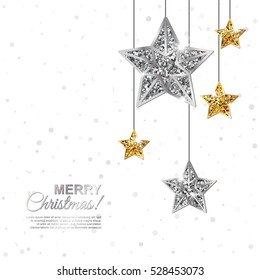 Merry Christmas and Happy New Year Glowing Banner. Glitter White Background with Hanging Gold and Silver Stars. Vector illustration.