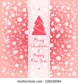Merry Christmas and Happy New Year greeting card. Red pink and white vector snowflake background