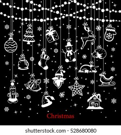 Merry Christmas and Happy New Year winter greeting card background with xmas decoration elements hanging on ropes on circles garland in black and white colors