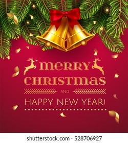 Merry Christmas and Happy New Year greeting card with Chrirstmas decorations fir tree border, gold bell and confetti . Red and green and gold christmas classic colors Vector illustration. EPS 10