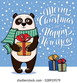 Merry Christmas and Happy New Year greeting card with panda, gifts, snow and lettering, cartoon vector illustration. Christmas and New Year card, invitation, poster, banner design with a panda