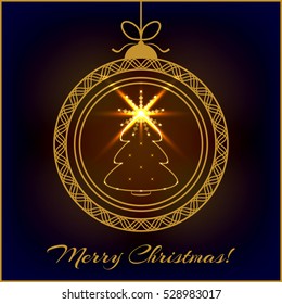 Merry Christmas and Happy New Year Card. Vector Illustration. Decorative Christmas Background with Golden Christmas Tree.