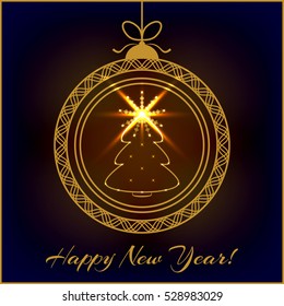 Merry Christmas and Happy New Year Card. Vector Illustration. Decorative Christmas Background with Golden Christmas Tree.