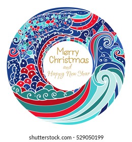 Merry Christmas and happy new year. Round frame with colorful ornaments. Vector illustration isolated on white background. Bright festive palette with blue and red.