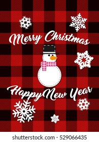 Merry Christmas and Happy New Year Vector Greeting Card Plaid Tartan Pattern Background Wallpaper Snowflakes Snowman 