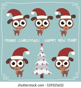 Merry Christmas and Happy New Year! Set of funny puppy dog in red hat in cartoon style.