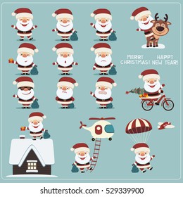 Merry Christmas and Happy New Year! Big set of funny Santa Claus in different poses, on house, fly parachute, helicopter.