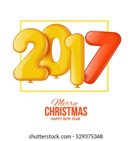 Merry Christmas and Happy New Year 2017 background, vector illustration. Bright and colorful greeting card, poster, banner, invitation design with numbers as balloons