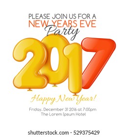 Merry Christmas and Happy New Year 2017 party invitation template, vector illustration. Bright and colorful New Year and Xmas greeting card, poster, banner, invitation design with numbers as balloons