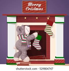Merry Christmas and happy new year vector illustration. Teddy Bear hangs socks on the fireplace and ready for Christmas.