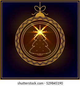 Merry Christmas and Happy New Year Card. Vector Illustration. Decorative Christmas Background with Golden Christmas Tree.