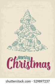 Merry Christmas and Happy New Year set in fir tree shape. Vector vintage engraving illustration