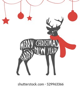 Merry Christmas and Happy New Year Card. Deer with typography "Merry Christmas and Happy New Year. Xmas Reindeer with red scarf on.