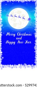 Merry Christmas and Happy New Year holiday banner. Silhouette of Santa Claus flying in sleigh with reindeer on moon background. Concept poster, flyer, greeting card, invitation. Cartoon style. Vector