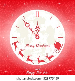 Merry Christmas and Happy New Year holiday banner. Silhouette of Santa Claus in sleigh and reindeer on a background moon as clock and snow. Concept poster, flyer, greeting card. Cartoon style. Vector