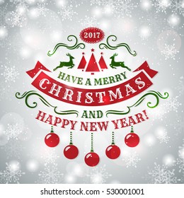 Merry Christmas And Happy New Year! Greeting Card With Shiny Snowflakes Background And Elegant Typography Badge. Vector Illustration