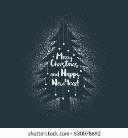 Merry Christmas and Happy New Year greeting card, poster, logo with lettering on stencil xmas tree on spray background. Vector layered illustration.