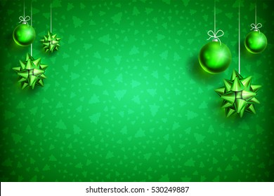 Merry Christmas and Happy New Year green background with green Christmas Ball and Bow. Christmas related ornaments objects on color background. Ready for your design. Vector Illustration.