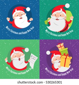 Merry Christmas and Happy New Year. Set of banners. Santa Claus with bag of presents. Santa Claus with many gift boxes. Singing Santa Claus holds paper with musical notes. Cartoon style. Vector