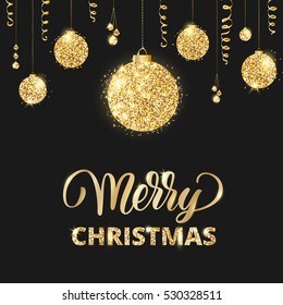 Merry Christmas and Happy New Year card with lettering and glitter decoration. Black and gold background with hanging shiny christmas balls and ribbons. Great for cards, party posters, banners.