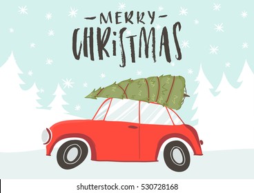 Merry christmas and happy new year greeting card with cute retro car with christmas tree on the roof. Postcard, poster, invitation template. Vector illustration