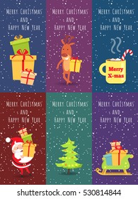 Merry Christmas and Happy New Year. Set of banners. Merry X-mas yellow cup. Christmas tree. Deer with gift box. Wooden sleigh with many boxes of presents. Santa Claus with green sack of gifts. Vector