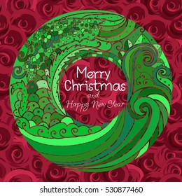 Merry Christmas and happy new year. Abstract Round frame with green ornaments. Vector illustration on seamless pattern with red roses. Green wreath. 