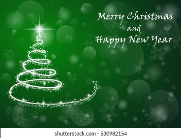 Merry Christmas and Happy New Year. Green background with christmas tree