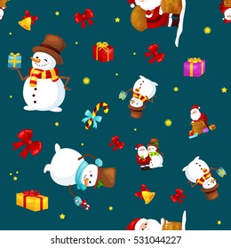 Merry Christmas and Happy New Year Friends Santa Claus in hat snowman in scarf celebrate xmas, snowfall from snowflakes vector illustration