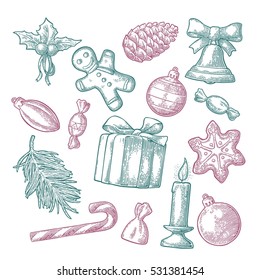Merry Christmas and Happy New Year set. Gingerbread man, pine cone, box, candy, mistletoe, candle, fir branch, bell, star, toy isolated on white background. Vector vintage color engraving illustration