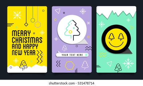 Merry Christmas and Happy New Year mobile banners and vector illustration. Modern Holiday postcard with calligraphic text. Modern graphic banner and poster template easy editable for Your deign.