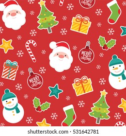 Merry christmas and happy new year pattern collection with holiday characters, santa,snowman, christmas tree, ornament, and gifts. Cute card for holidays design