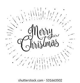Merry Christmas, Happy New Year greeting card sunburst confetti. Calligraphic text grunge starburst 2023 Winter Holiday lettering. BW Hand Drawn Vector trendy Design Print Christmas decoration sign 1
