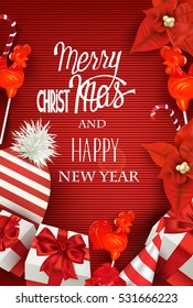 Merry christmas and happy new Year banner with gift boxes, caramel cocks on sticks, knitted hat, party hat on the kneeted background. Vector illustration