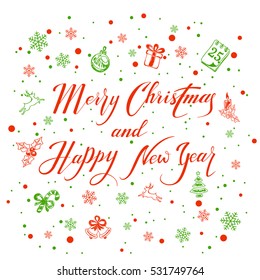 Merry Christmas and Happy New Year with snowflakes and decorative elements on a white background, holiday lettering with red and green decoration, illustration.