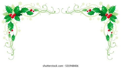 Merry Christmas Happy New Year holly horizontal corner banner frame border, holly berry, copy space. Isolated white background. Abstract poster, greeting card design template. Vector illustration eps