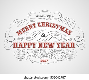 Merry Christmas and Happy New Year. Typography label on write background. Vector stylish logo, emblems, text design. Usable for banners, greeting cards, gifts.