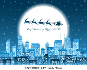 Merry christmas and happy new year celebration, santa claus riding reindeer sledge over a group of high-rise buildings in a city at night with glowing big moon and falling snowflake