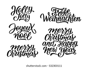 Frohe Weihnachten und Fröhliches Neujahr Vektor-Schrift mit französischer, englischer und deutscher Begrüßung. Kalligrafischer Text von Holly Jolly, Frohe Weihnachten und Joyeux Noel